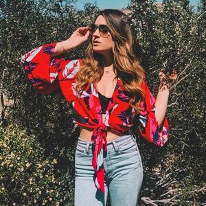 Express Red Floral Tie-Front Blouse